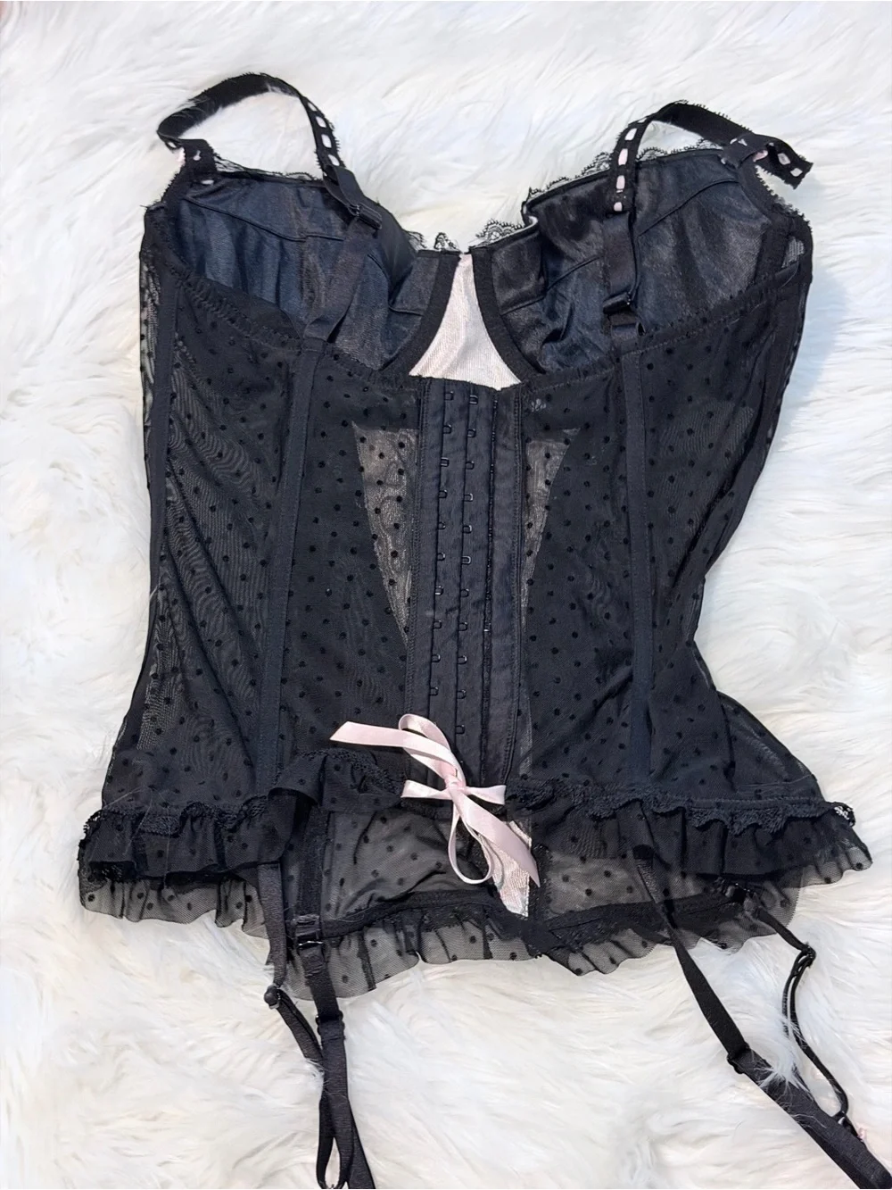 Y2K Coquette Mesh Lace-Up Corset Basque Top Black Pink No Size Tag Fits S